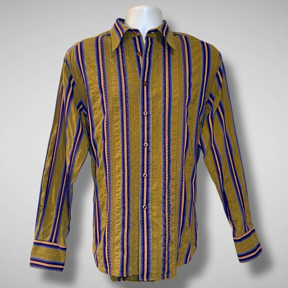 Robert Graham Signature Collection Men’s L Striped Olive Green Embroidered shirt